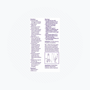 The packaging of Theas preservative-free iVIZIA Eyelid Cleansing Gel includes detailed usage instructions, ingredients, and a diagram for opening the tube. For any inquiries, refer to our contact information provided.
