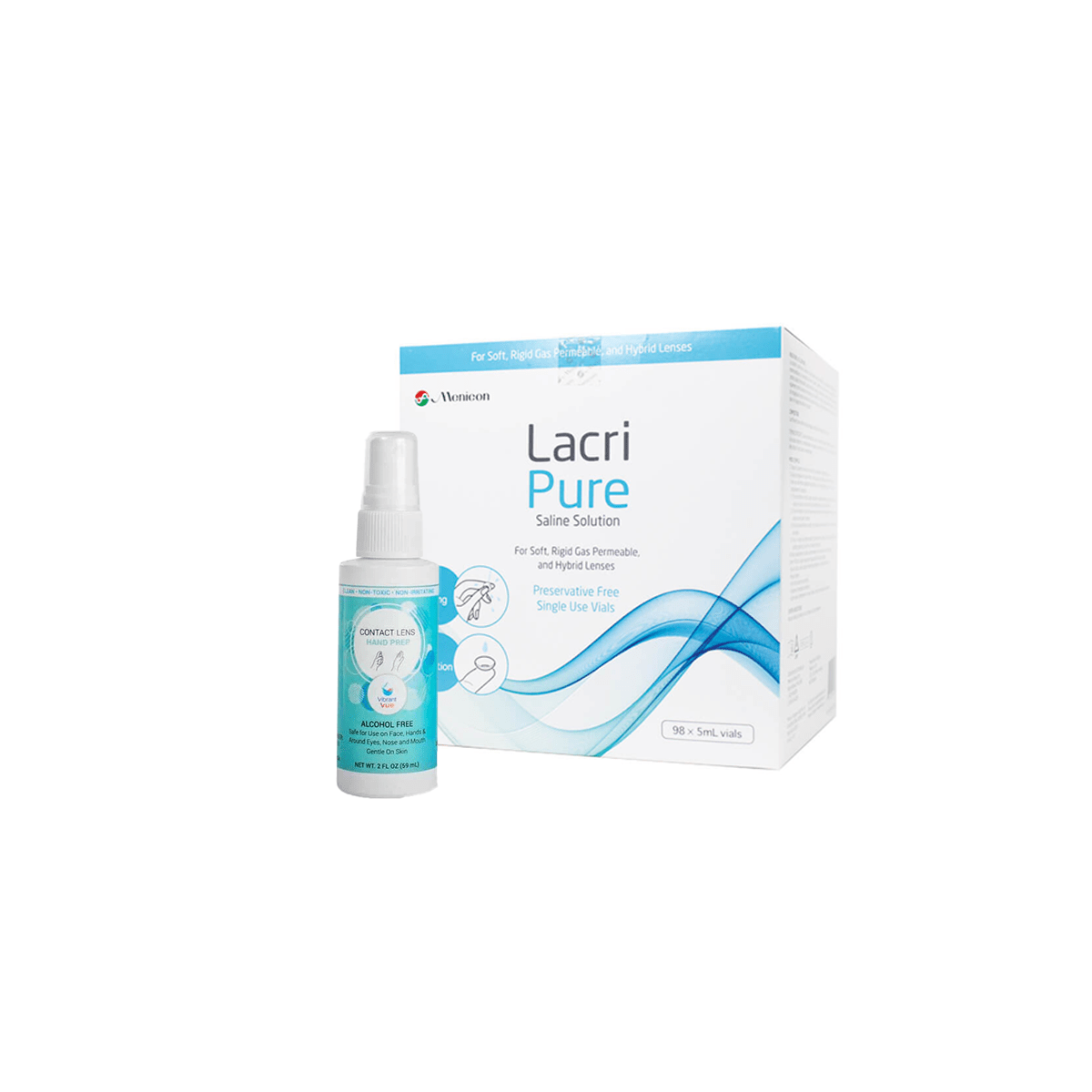 Lacripure Sterile Saline Solution - 98 Vials with Vibrant Vue Contact Lens Hand Prep - Dryeye Rescue