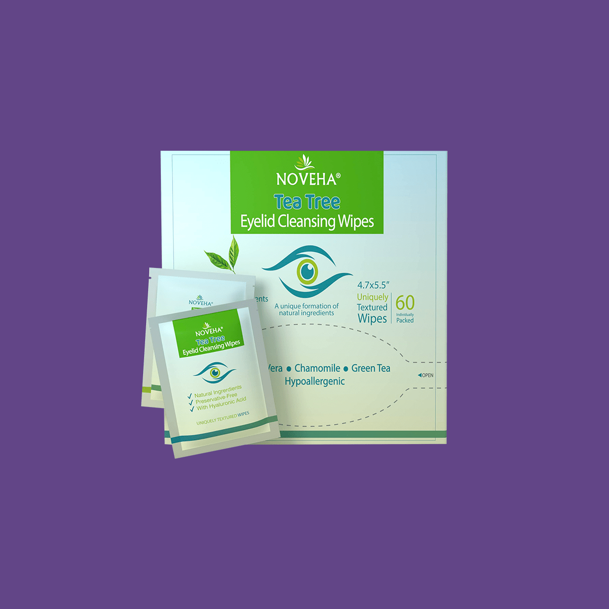 NOVEHA Tea Tree Oil Eyelid & Lash Wipes | With HA, Green Tea & Chamomile For Blepharitis, Itchy & Styes 60 Pcs - Dryeye Rescue