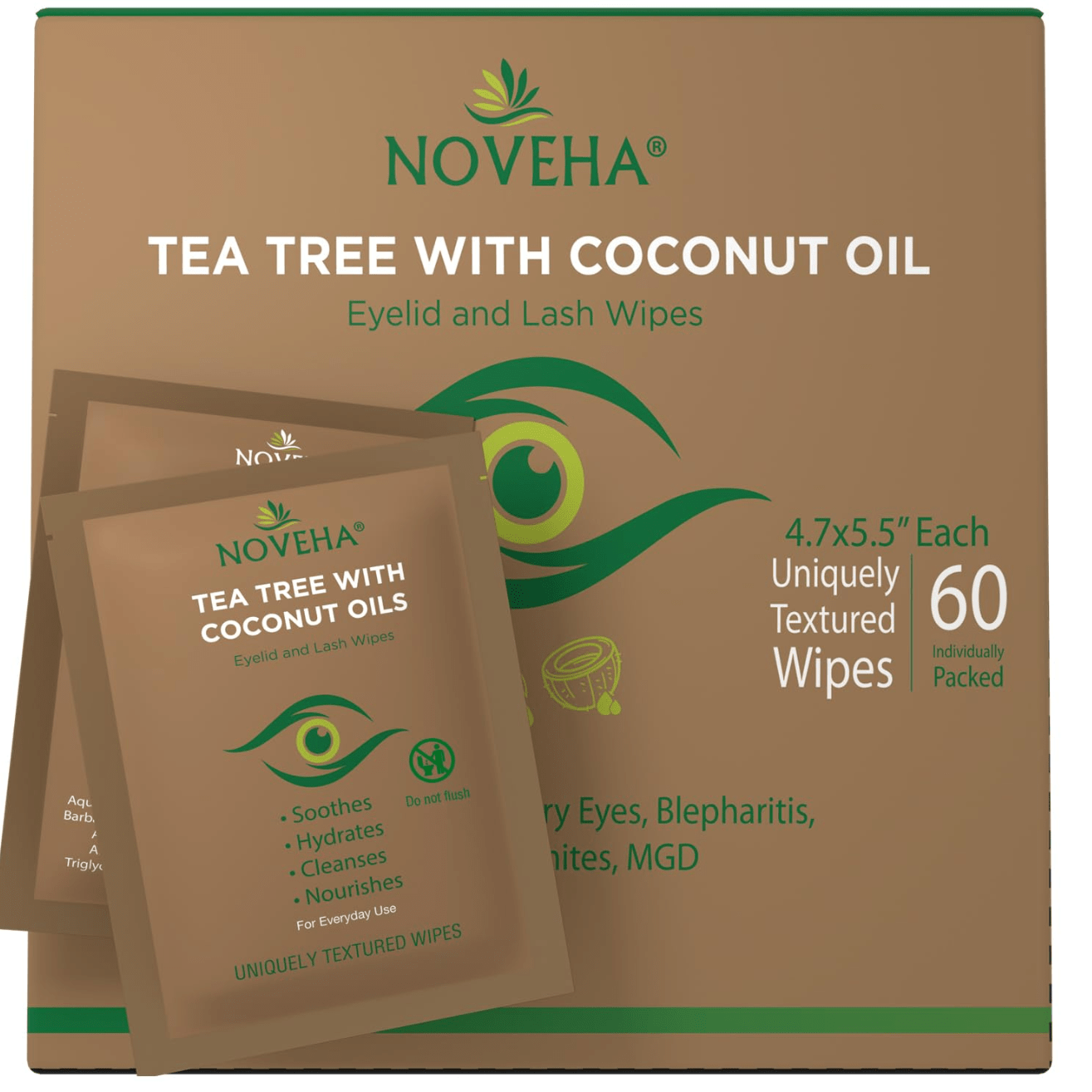 Noveha Tea Tree & Coconut Oil for Eyelid Wipes with Aloe Vera (60ct) - Dryeye Rescue