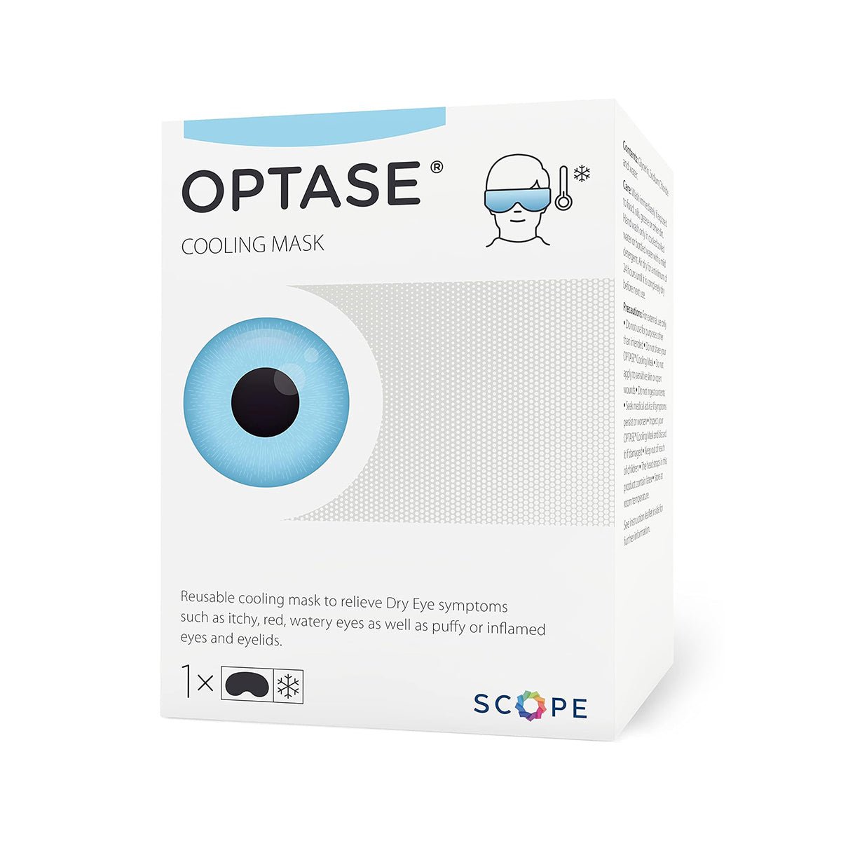 Optase Cooling Mask for Allergies and Puffy Eyes features HydroCool™ Technology, showcasing an eye graphic and an illustration of a person enjoying relief. It offers dry eye symptom relief like dryness, redness, and watering. The Scope brand logo appears in the bottom right.