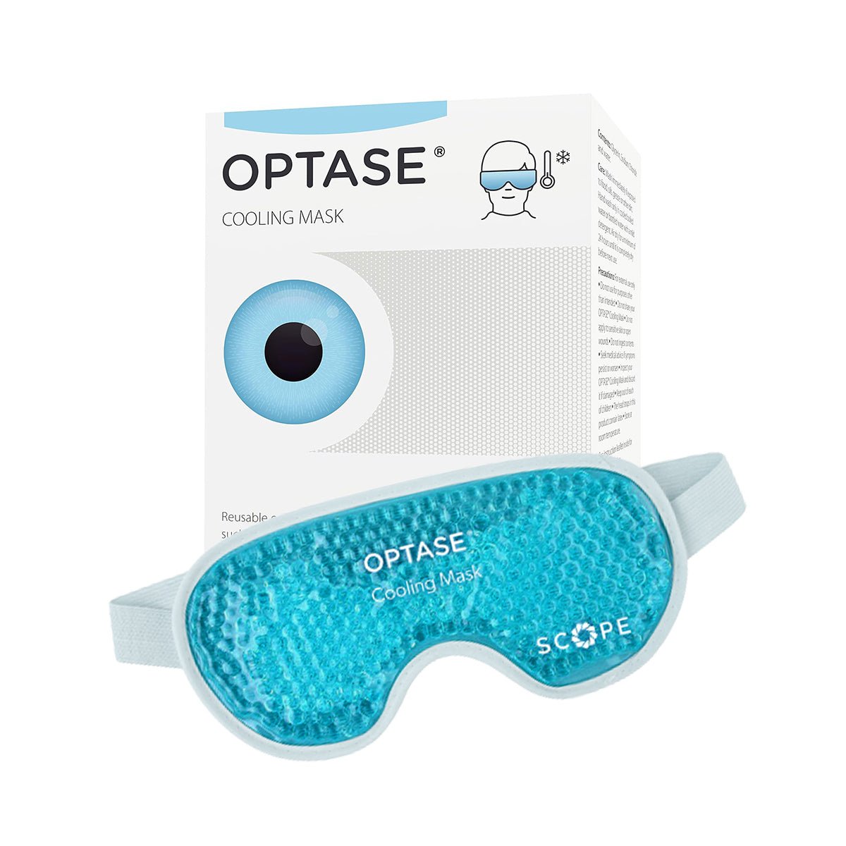 An image of the Optase Cooling Mask for Allergies and Puffy Eyes (Re-Usable) displays its HydroCool™ Technology with a blue gel interior and adjustable strap. The packaging features a large blue eye, emphasizing its soothing relief and effective cooling therapy for dry eyes.