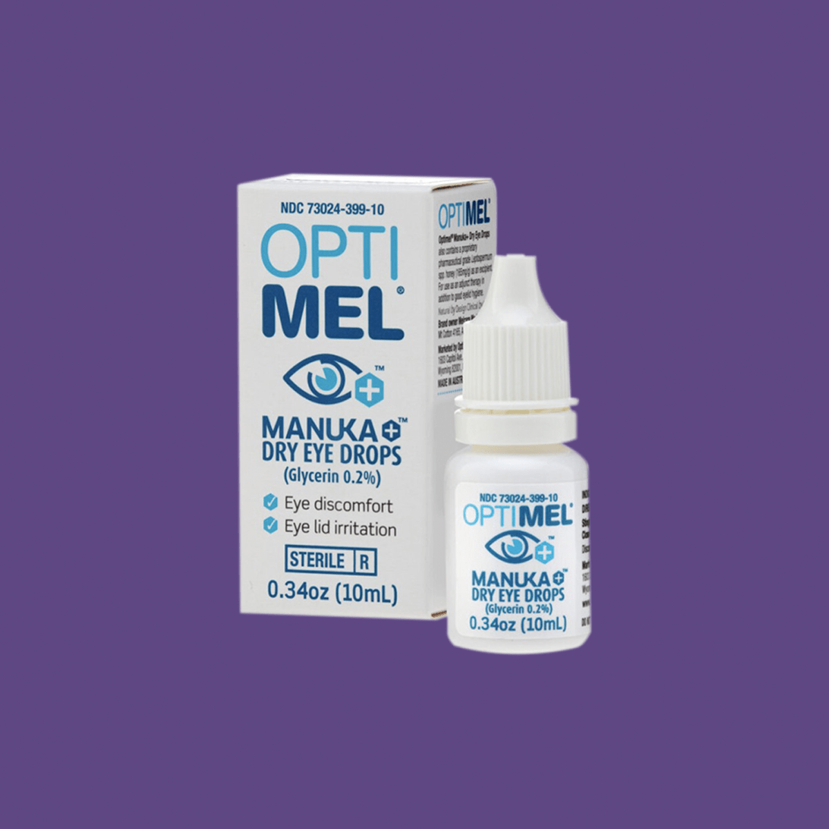 A small white bottle and box of Melcares Optimel Manuka Eye Drops 0.2%, 0.34 oz (2 x 10mL Bottles), sit against a purple background, highlighting benefits for eye discomfort, irritation relief, and ocular surface health support.