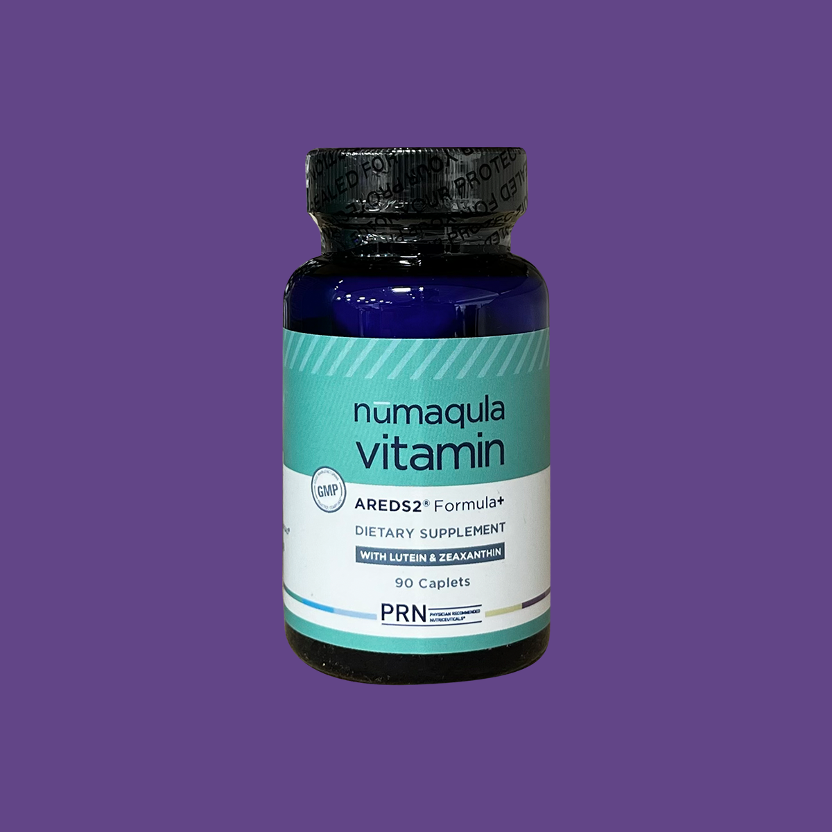 The PRN nūmaqula Vitamin dietary supplement with a blue label features an AREDS2-based formula and contains 90 caplets, promoting ocular health with Lutein & Zeaxanthin, set against a solid purple background.