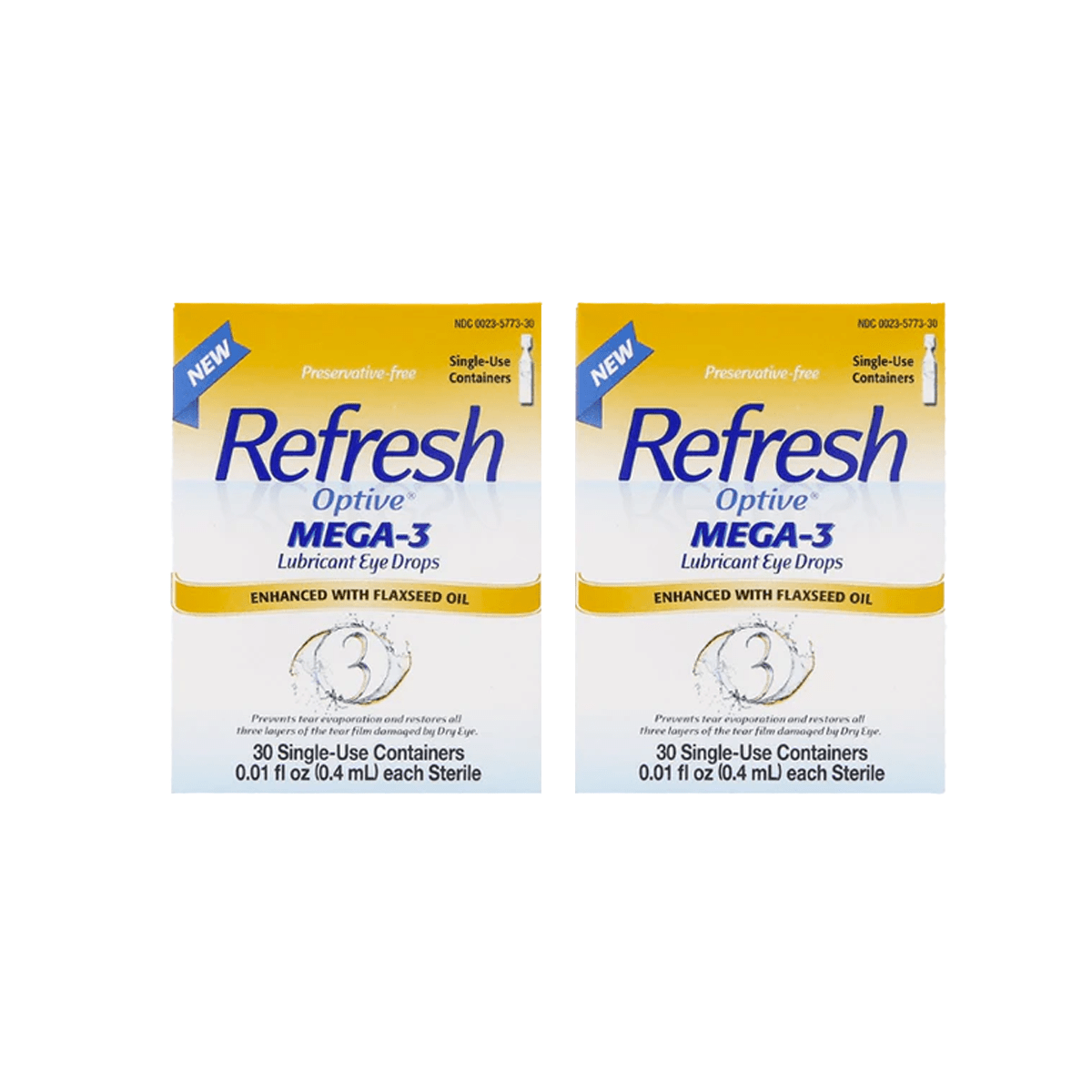 Two yellow boxes of Abbvies Refresh Optive Lubricant Eye Drops, Mega-3 - (2 x 30 pack) 60ct Pack are shown, featuring Enhanced with Flaxseed Oil and HydroCell technology, perfect for Meibomian Gland Dysfunction.