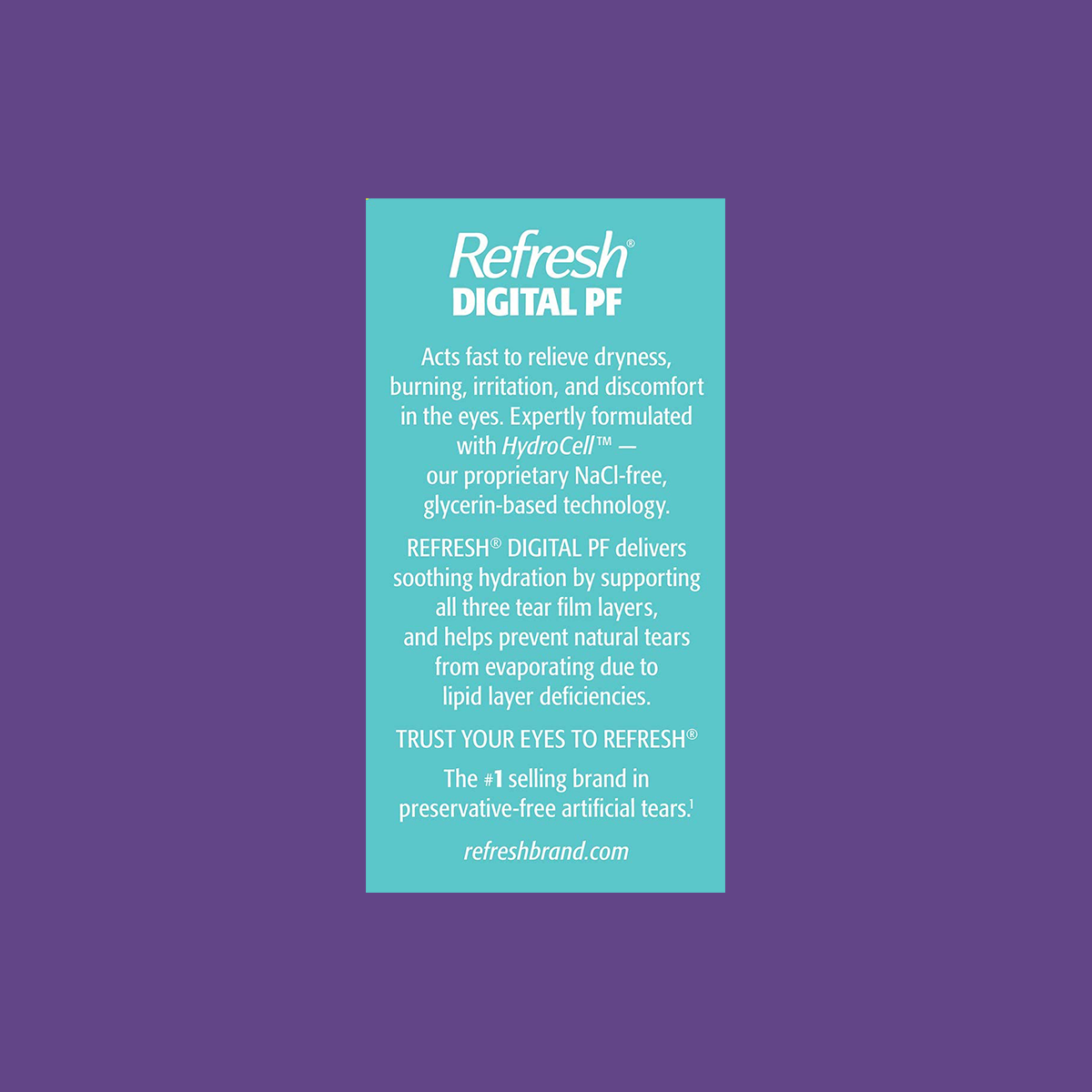 An ad for Abbvies Refresh Digital Preservative Free 30 Vials x 0.4 mL on a purple background promotes preservative-free eye drops that quickly relieve digital eye strain, alleviate discomfort, and prevent tear evaporation. For more details, visit our website.