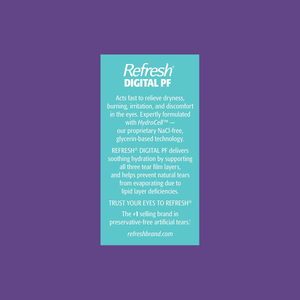 An ad for Abbvies Refresh Digital Preservative Free 30 Vials x 0.4 mL on a purple background promotes preservative-free eye drops that quickly relieve digital eye strain, alleviate discomfort, and prevent tear evaporation. For more details, visit our website.