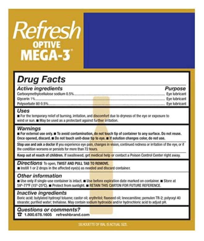 Refresh Optive MEGA - 3 Lubricant Eye Drops Preservative - Free Artificial Tears (0.4 mL), 60 Single - Use Container Vials - Dryeye Rescue