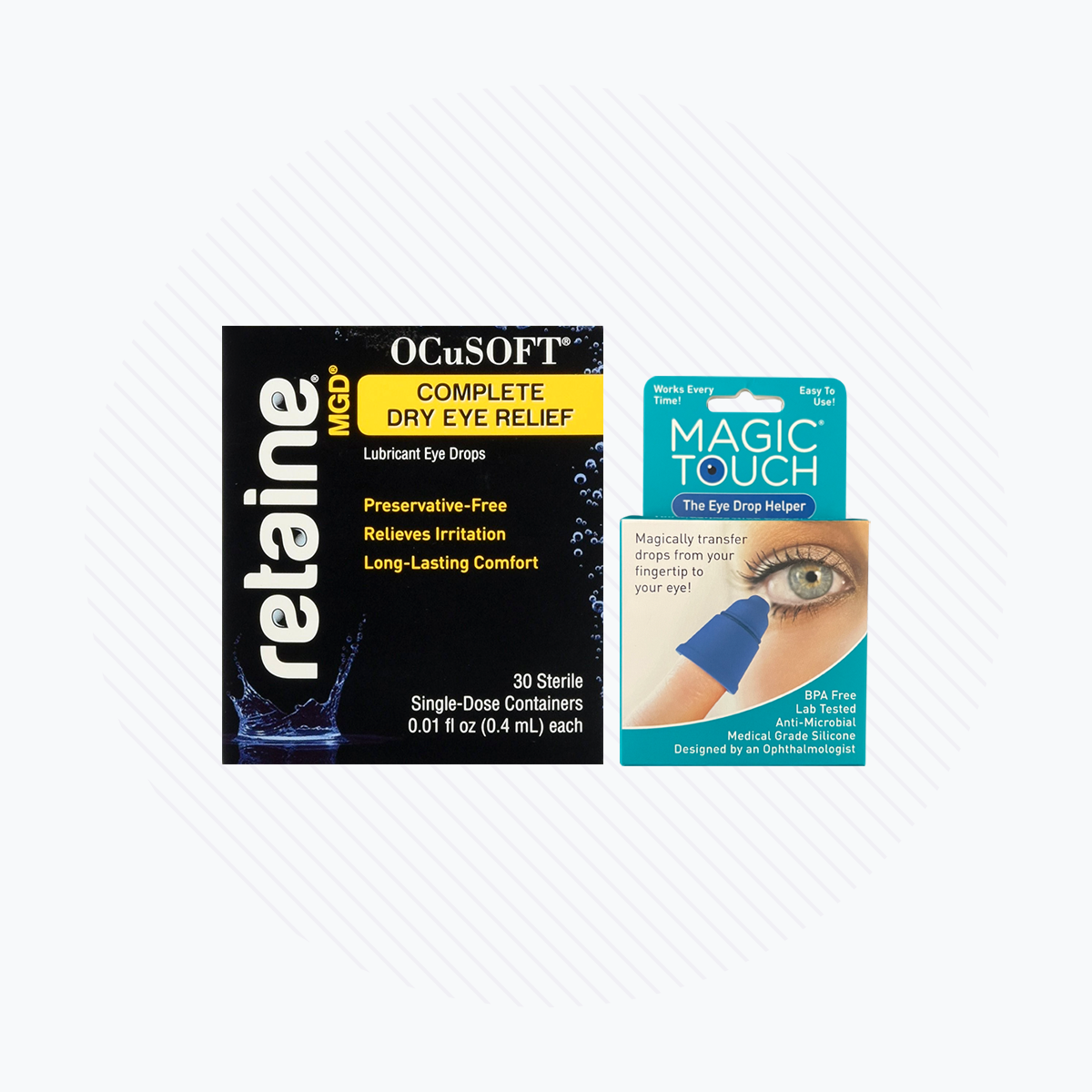 Image of two eye care products: OCuSOFT Retaine MGD, a box with preservative-free lubricant eye drops for dry eyes relief, and the Magic Touch Easy Drop Applicator, a blue squeezable device for dispensing. Both are set against a neutral background.