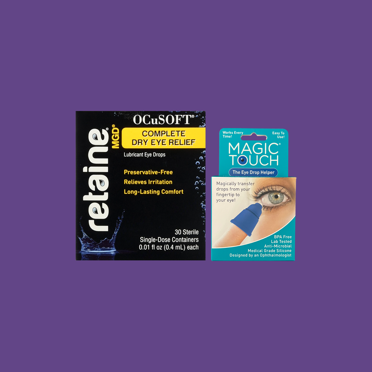 The packaging of Ocusoft Retaine MGD with Magic Touch Easy Drop Applicator, by OCuSOFT, is displayed on a purple background.