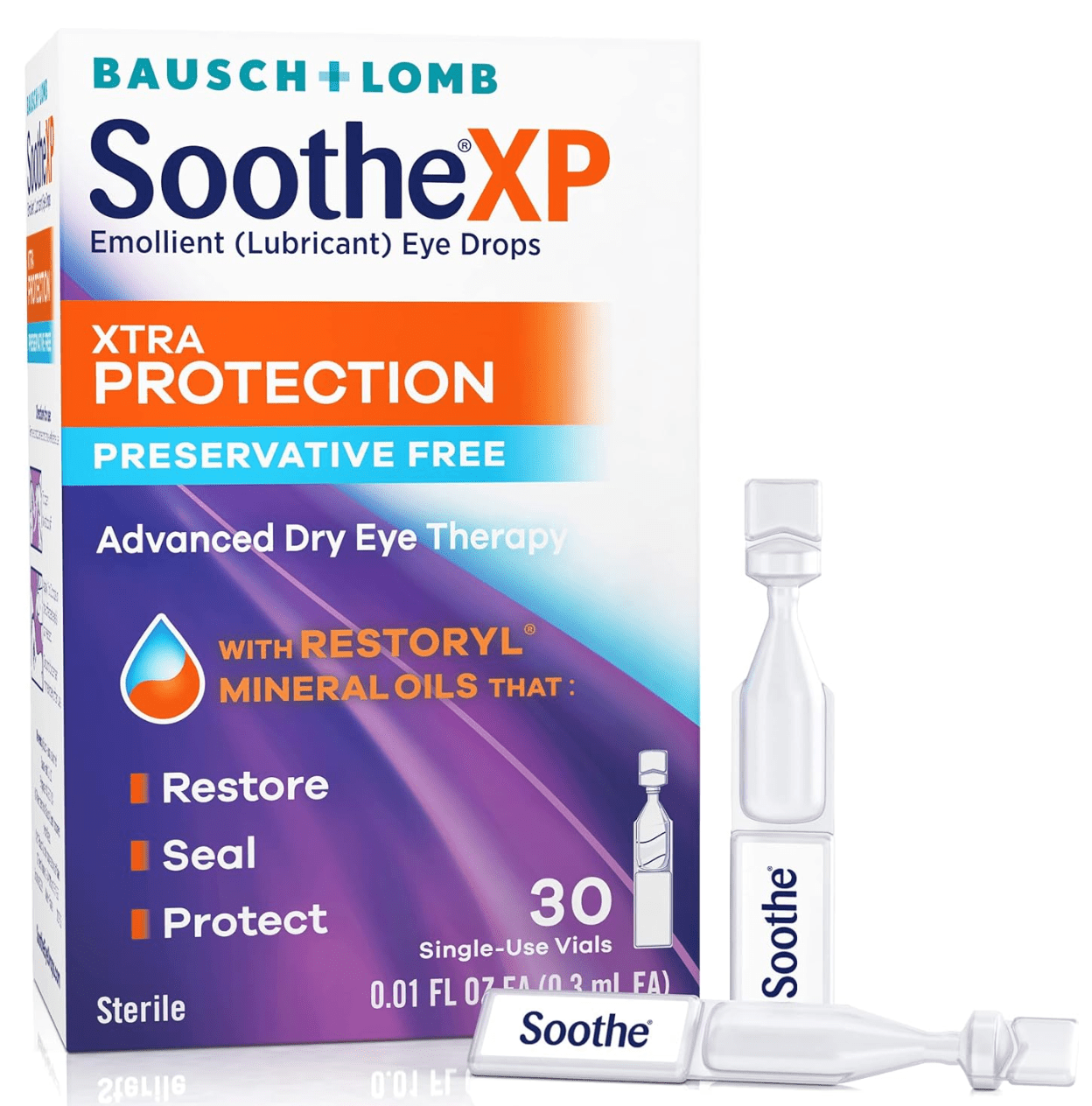 Bausch & Lomb Soothe XP Lubricant Eye Drops, Xtra Protection Formula, (30 Vials) - Dryeye Rescue