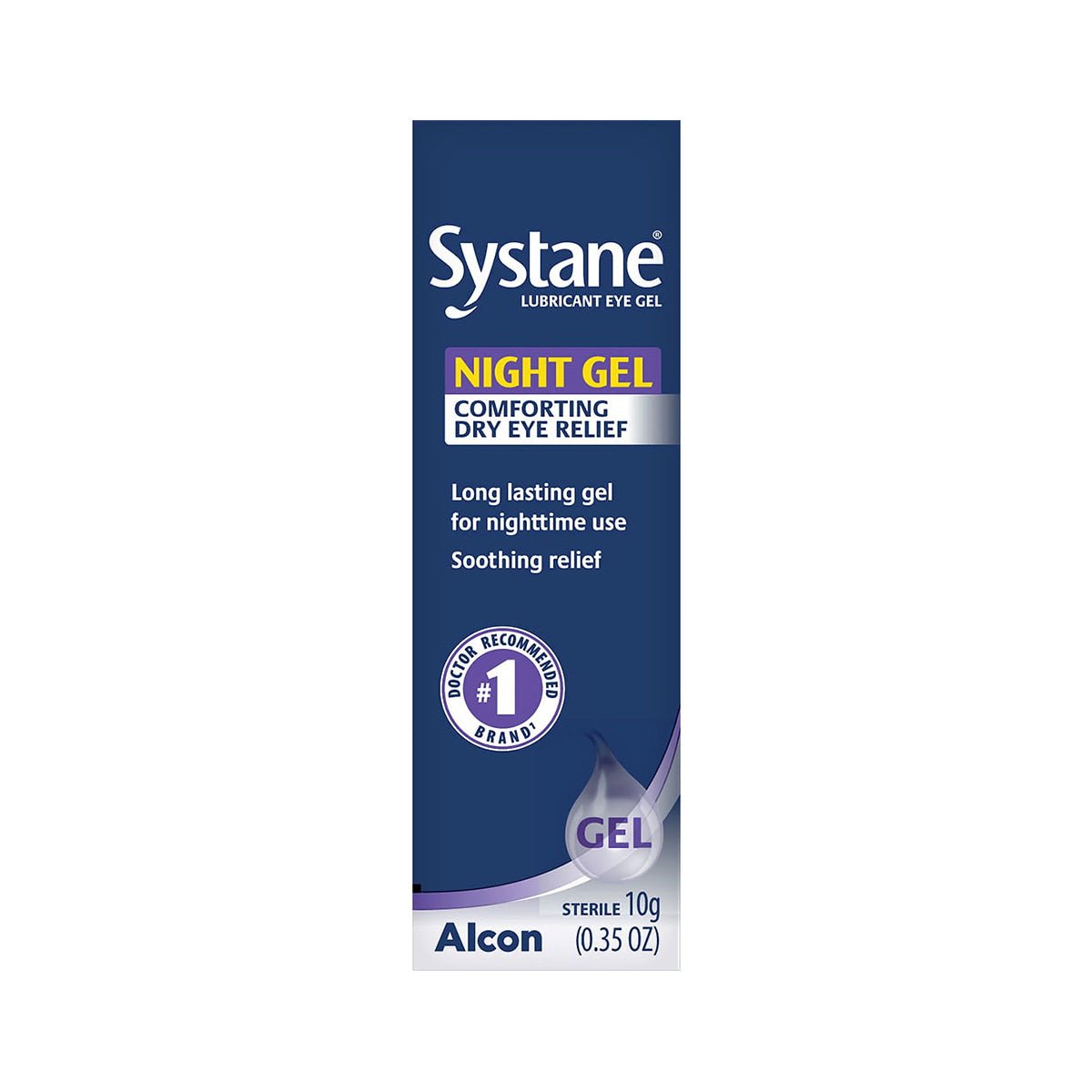 Image of Systane Night Gel by Alcon, a nighttime eye gel offering dry eye protection and long-lasting relief. The packaging highlights comfort for nocturnal use and features its status as a doctor-recommended brand. Contains 10g (0.35 oz).