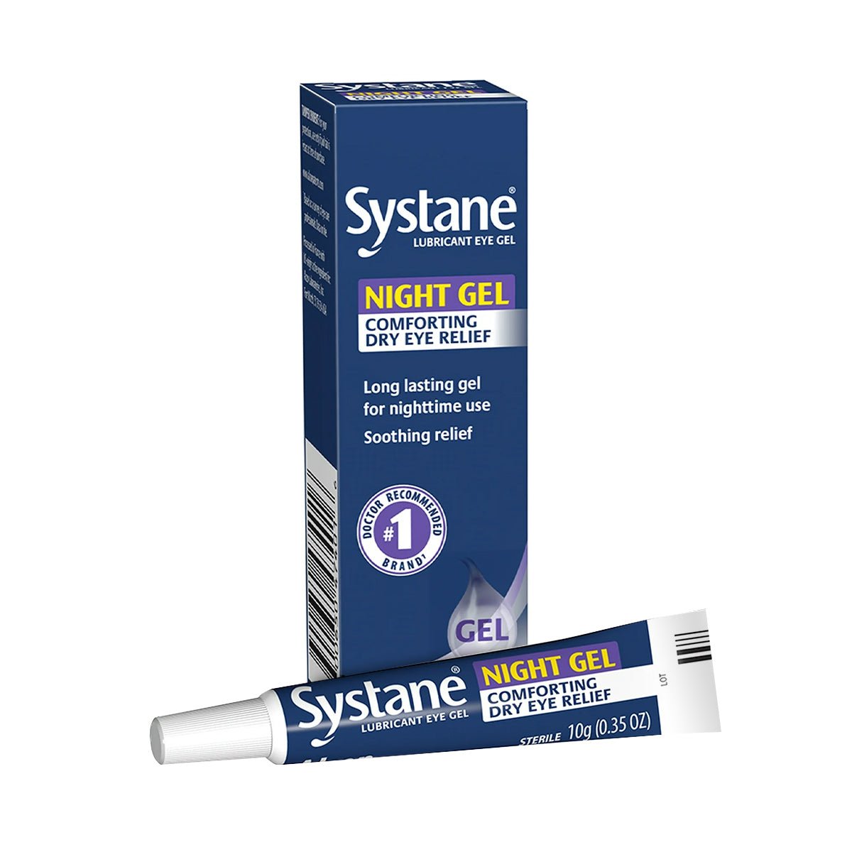 The image shows Alcons Systane Night Gel for Comforting Eye Relief at Nighttime, with a dark blue package and white text. It offers soothing dry eye relief through the night in a 10g (0.35 oz) tube.