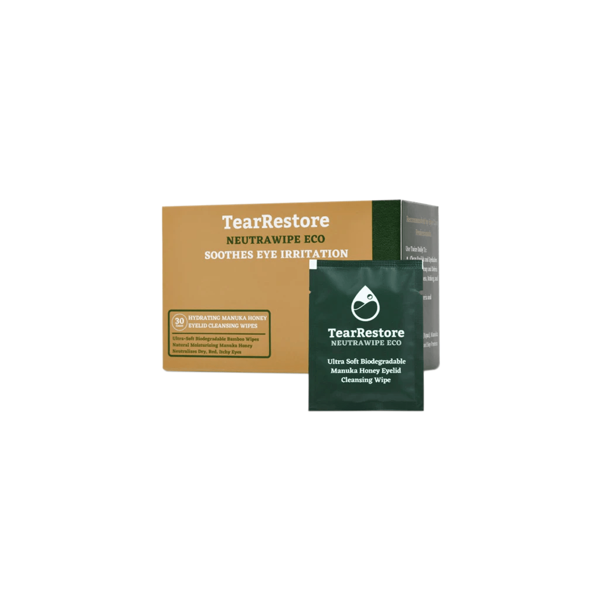 TearRestore NeutraWipe Eco Manuka Honey Eyelid Wipes | Ultra - Soft Biodegradable Eyelash Cleanser For Blepharitis & Dry, Itchy, Swollen, Irritated Eyes (30 Count) - Dryeye Rescue