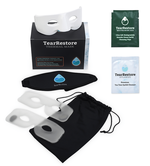 The TearRestore Premium Kit includes a white mask, two heat packs, and a choice of HylaWipes or NeutraWipes (30ct). The packaging showcases the TearRestore logo. Nearby are Manuka Honey Eyelid Cleansing sachets and biodegradable bamboo towelettes for sensitive eyes.