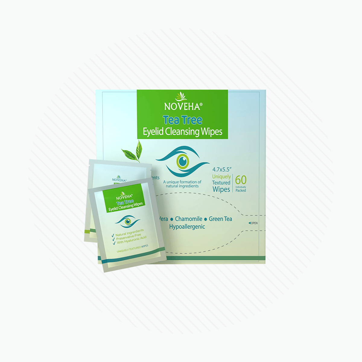 NOVEHA Tea Tree Oil Eyelid & Lash Wipes | With Hyaluronic Acid, Green Tea & Chamomile For Blepharitis, Itchy & Stye Eyes, Individually Wrapped, Natural Eyelash Makeup Remover & Daily Cleanser, 60 Pcs - DryEye Rescue Store